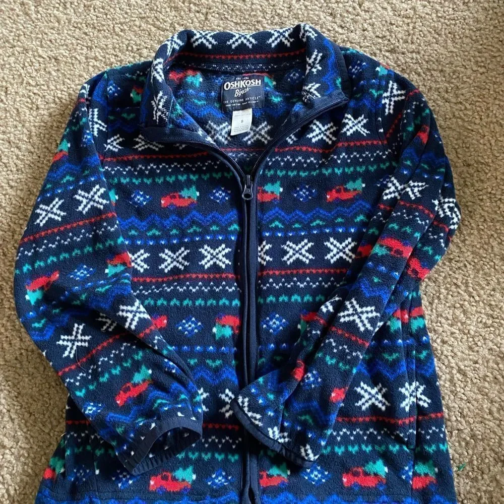 Boys OshKosh Red Truck and Christmas Tree Holiday Fleece Zip Up Jacket